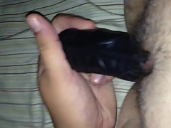 Phani makes cuckold fuck her with BBC dildo while her jerks his little dick